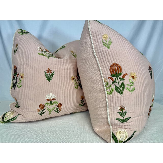 Transitional Schumacher "Elmslie Embroidery" in Petal 22" Pillows-a Pair For Sale - Image 3 of 3
