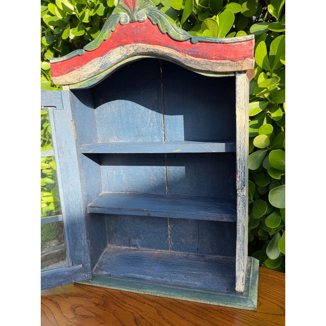 Late 20th Century Vintage Handcrafted Folk Art Wall Cabinet With Distressed Polychrome Finish For Sale - Image 5 of 12