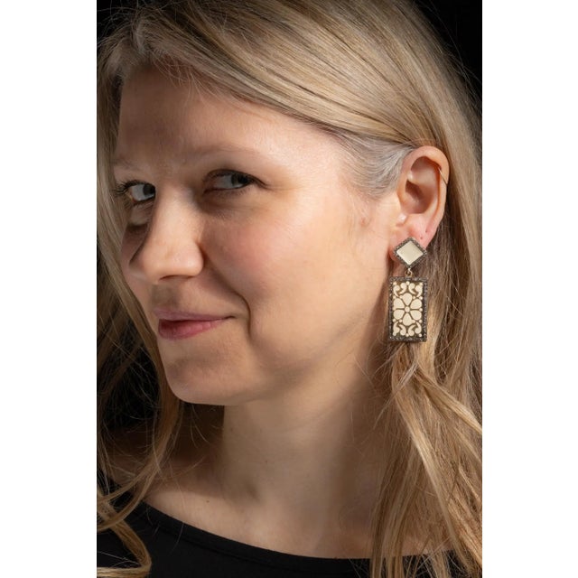 Contemporary 1990s Pair of White Enamel and Diamond Dangle Earrings For Sale - Image 3 of 4