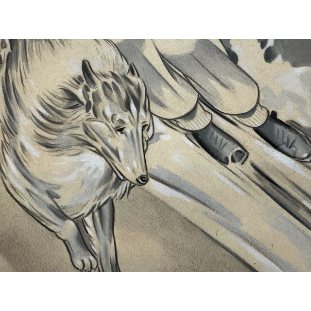 American 1940s Original Signed Graphite Illustration of Woman Skier With Collie, 7.5 X 10''. For Sale - Image 3 of 6