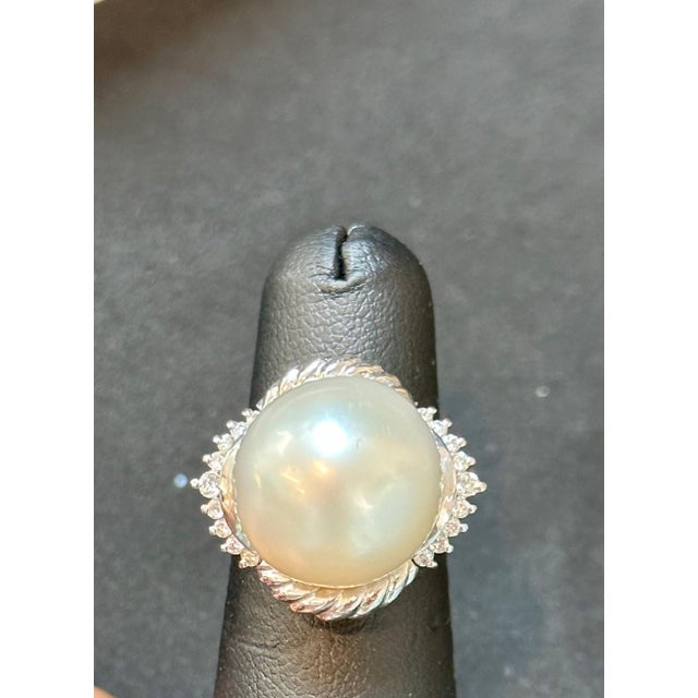Gemstone 16MM Round White South Sea Pearl Diamond Platinum Halo Sunburst Ring For Sale - Image 7 of 18