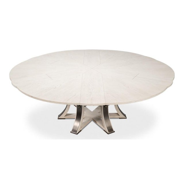 Wood Transitional Round Dining Table, Large - White Oak With Hammered Iron Base For Sale - Image 7 of 11