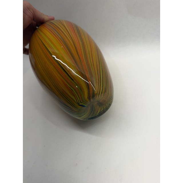 Vintage Murano-Style Orange & Amber Striped Cane Art Glass Vase For Sale - Image 4 of 6
