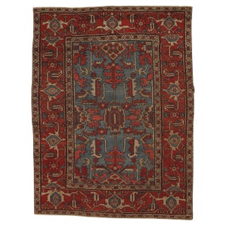 Antique Persian Serapi Carpet Handmade Wool Oriental Rug Rust, Ivory, Light Blue For Sale