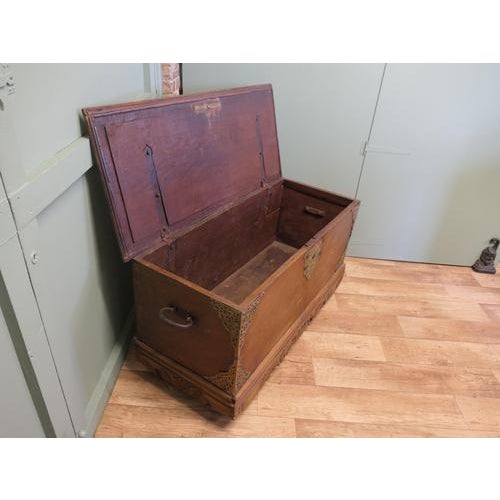 Carved Elm Coffer with Pierced Brass Decoration For Sale - Image 4 of 7