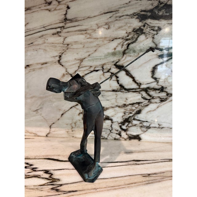 Dark Green Bronze Abstract Cubist Golfer Sculpture For Sale - Image 8 of 9
