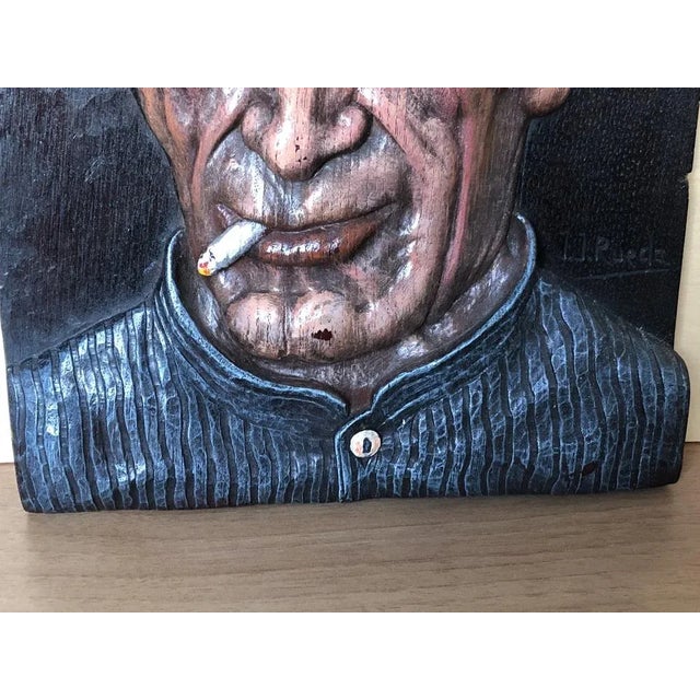 Juan Jimenez Rueda, Portrait of Man Smoking, Bas-Relief on Wood, 1960s For Sale - Image 4 of 8