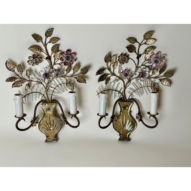 Hollywood Regency Italian Wall Sconces with Amethyst and Smoky Glass Blossoms, 1950s, Set of 2 For Sale - Image 3 of 18
