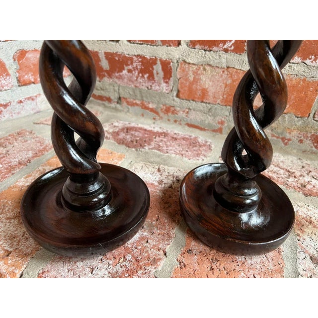 Brown Pair Set Antique English Oak Open Barley Twist Candlesticks Candle Holder Brass For Sale - Image 8 of 12