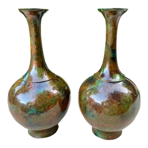 Pair of Patinated 19th Century Bronze Vases Meiji Period