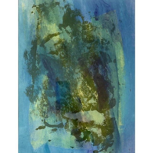 Late 20th century original abstract expressionist painting by Patricia Zippin. Vibrant shades of blue, green and yellow....