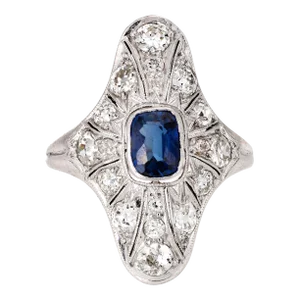 Antique Edwardian Sapphire Diamond Ring Vintage Platinum Long Plaque Jewellery size 5.5