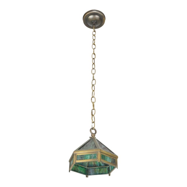 Mid 20th Century Arts and Crafts Green Slag Glass Hexagonal Pendant Light For Sale