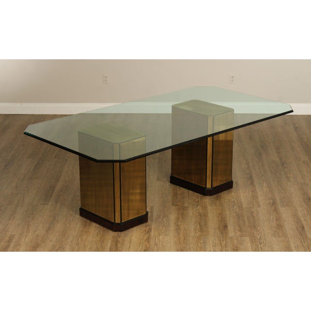 High Quality Vintage Glass Top Dining Table with Brass and Rosewood Double Pedestal Base By Mastercraft (Not Labeled)