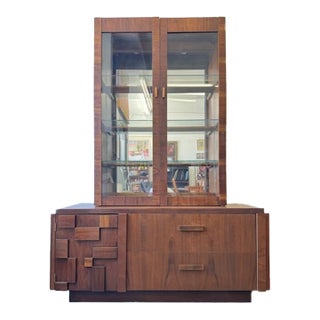 Vintage Brutalist Display Hutch by Lane Furniture For Sale