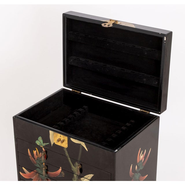 Black Chinese Floral Motif Hand-Painted and Black Lacquered Cabinet For Sale - Image 8 of 11