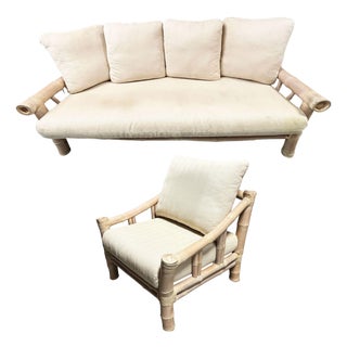 1980s Miami Coastal Elephant Bamboo Pole Sofa & Lounge Chair Living Room Set For Sale