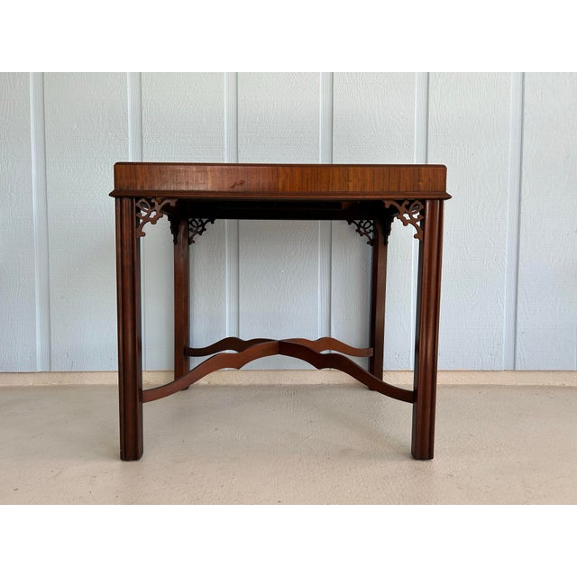 Wood Antique Chinoiserie Chippendale-Style Mahogany Tea Table With Fretwork Brackets & X-Stretcher C. 1910 For Sale - Image 7 of 12