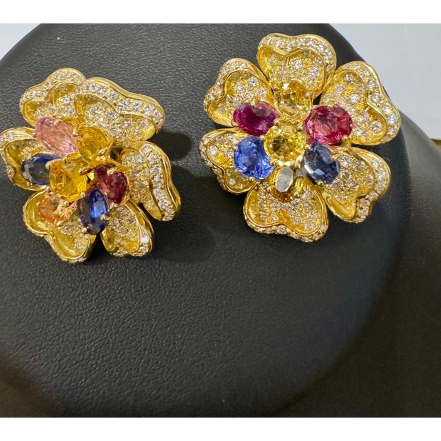 Gemstone 18K Yellow Gold Diamond & Multicolor Sapphire Flower Earrings by Designer Adler, A Pair For Sale - Image 7 of 18
