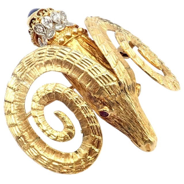 Late 20th Century Rare Ilias Lalaounis Yellow Gold Ram Ares Diamond Ruby Sapphire Large Brooch For Sale - Image 12 of 14