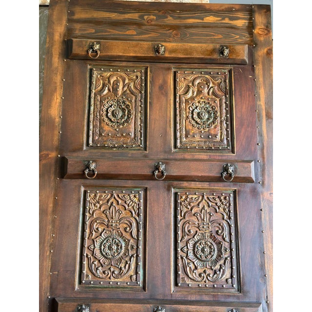 Mid-Century Modern Antique Indian Carved Wood Door With Brass Studs – Rustic Hinged or Sliding Barn Door 96 For Sale - Image 3 of 8