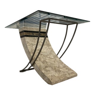1980s Maitland-Smith Style Tessellated Stone and Iron Sculptural Base Glass Top Side End Table For Sale