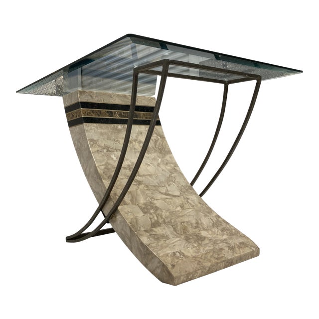 1980s Maitland-Smith Style Tessellated Stone and Iron Sculptural Base Glass Top Side End Table For Sale