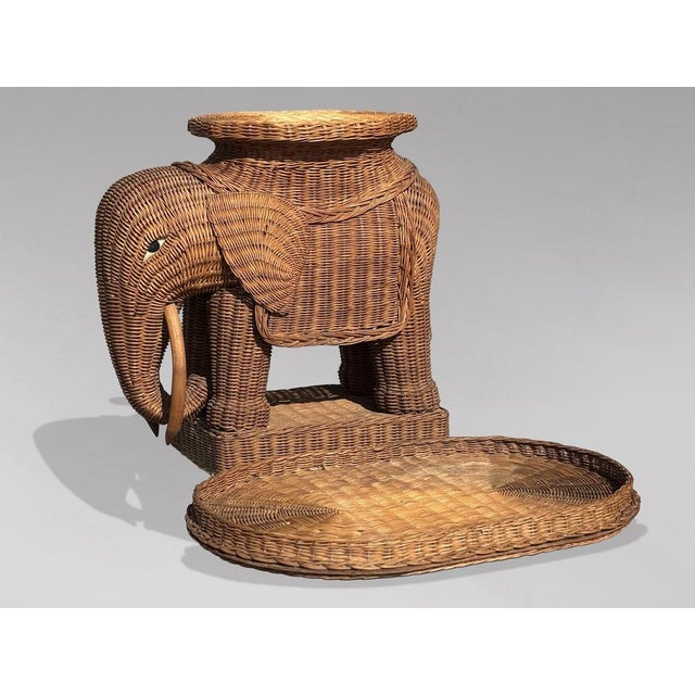 1970s Italian Hand Woven Wicker Elephant Side Table with Removable Tray Striking 1970s Italian elephant shaped side table,...