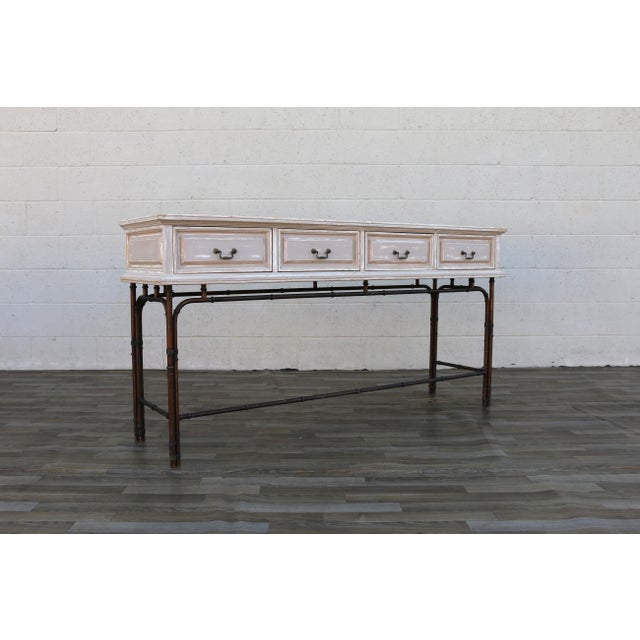 1970s Hollywood Regency Faux Bamboo Metal & Wood Four-Drawer Console Table For Sale - Image 14 of 18