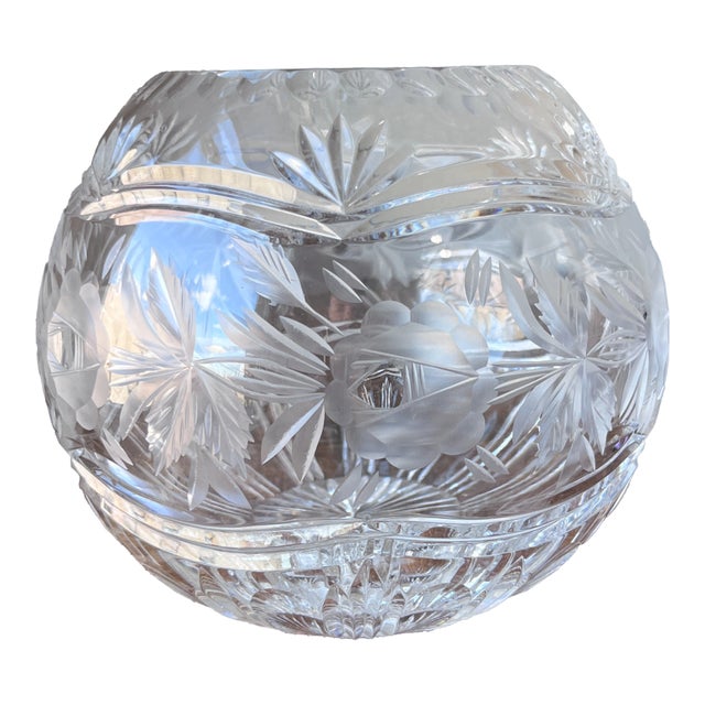 Vintage Etched and Cut Crystal Glass Rose Bowl 6" For Sale