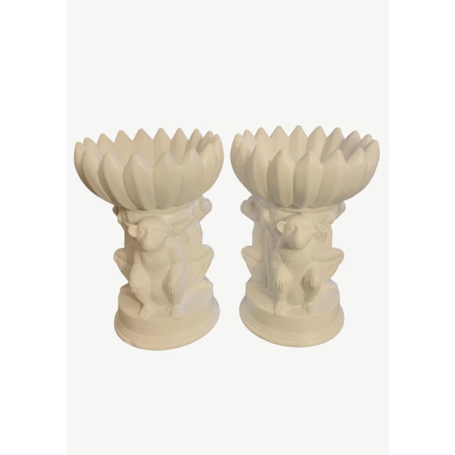 Ceramic Vintage White Ceramic Monkey Bananas Tall Catchall Statues Bowls- A Pair For Sale - Image 7 of 8