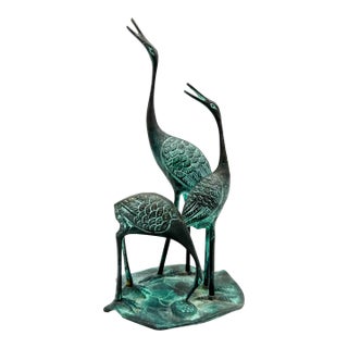 Vintage Verdigris Bronze Crane Trio Sculpture - Mid-Century, Asian Inspired, Coastal For Sale