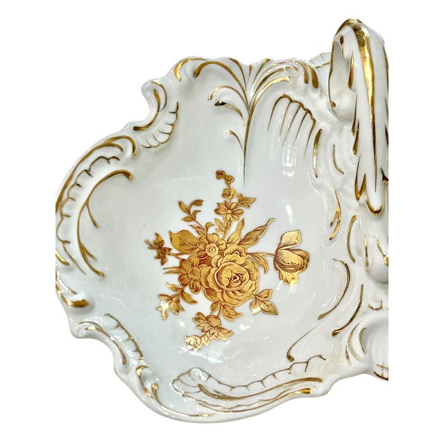 White Vintage French Porcelain Shell Form Serving Dish With Gold Rose Decoration For Sale - Image 8 of 11