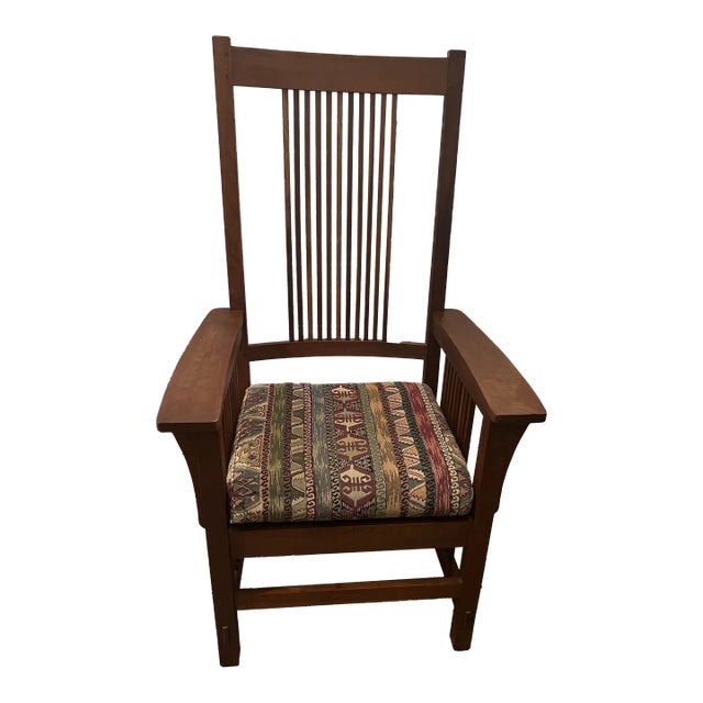 1990s Stickley Arts & Crafts Spindle High Back Armchair For Sale