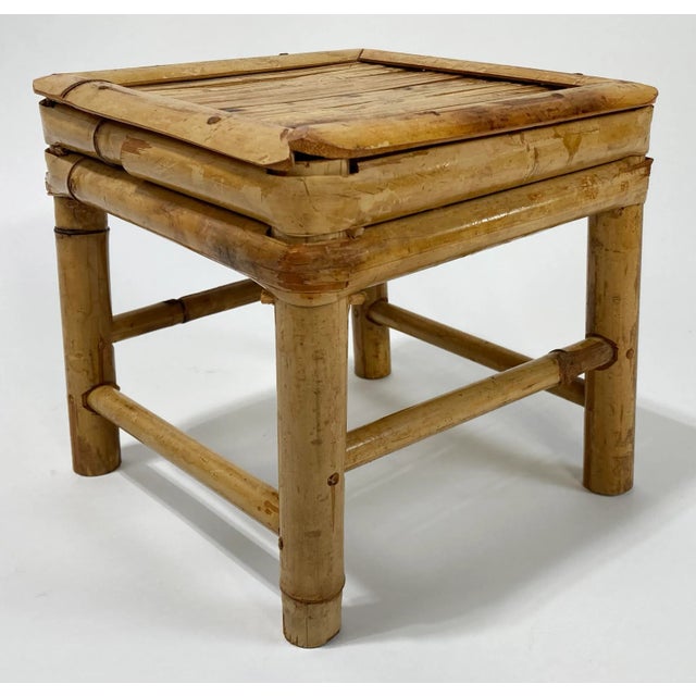Vintage Chinoiserie style petite square scorched bamboo plant stand or riser. Versatile size and design. Age wear. Sturdy.