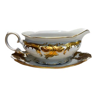Vintage Walbrzych Wlb3 Gold Scroll Porcelain Gravy Boat W/Underplate Poland For Sale