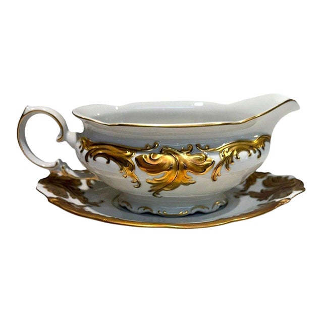 Vintage Walbrzych Wlb3 Gold Scroll Porcelain Gravy Boat W/Underplate Poland For Sale