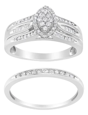 .925 Sterling Silver 1/2 Cttw Round and Baguette-Cut Diamond Engagement Bridal Set (I-J Color, I1-I2 Clarity) - Size 8