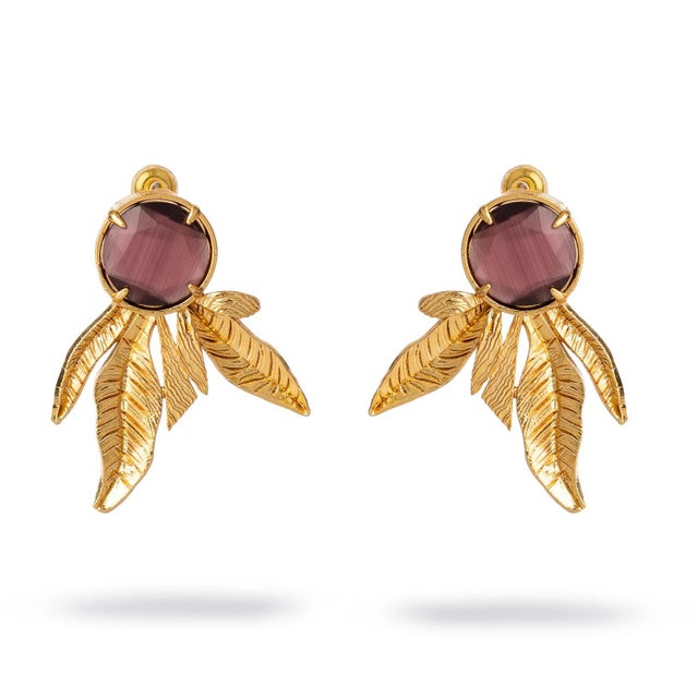 Mocha Feather Cat Eye Stud Earrings, A Pair For Sale In Miami - Image 6 of 6