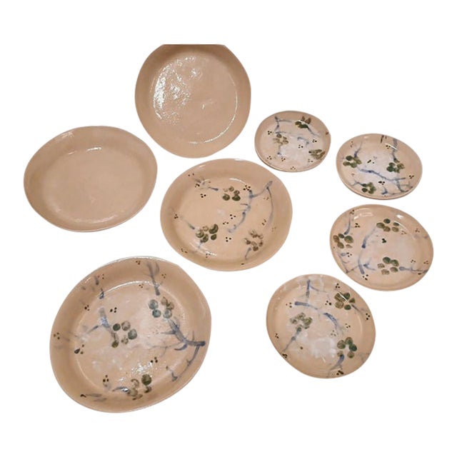 Vintage Asian Pottery Sushi Plates Oriental Cherry Blossom Floral Hand Painted - 8 pcs For Sale
