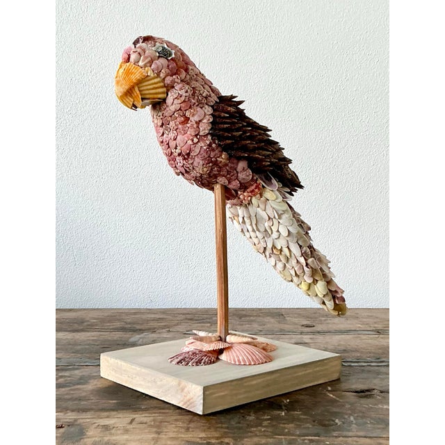 Folk Art Vintage Boho Shell Encrusted Bird on a Perch For Sale - Image 3 of 8