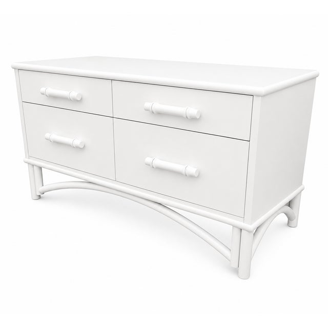 Mid-Century Modern Whitecraft Vintage Coastal White Bamboo & Wood Low 4-Drawer Dresser For Sale - Image 3 of 6