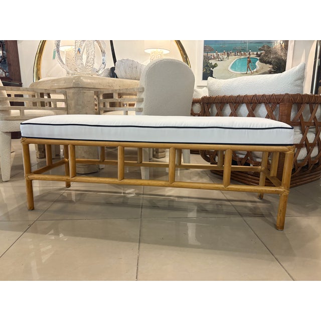 Vintage Palm Beach Rattan Bench Newly Upholstered Navy Blue & White For Sale - Image 9 of 10