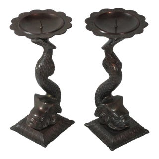 1980s Bronze Stylized Koi Piller Candleholders- a Pair For Sale