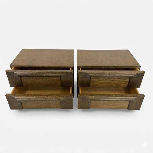 Rare elegant Dutch nightstands / chests of drawers, bold design in two tone oak veneer with a soft satin finish over...