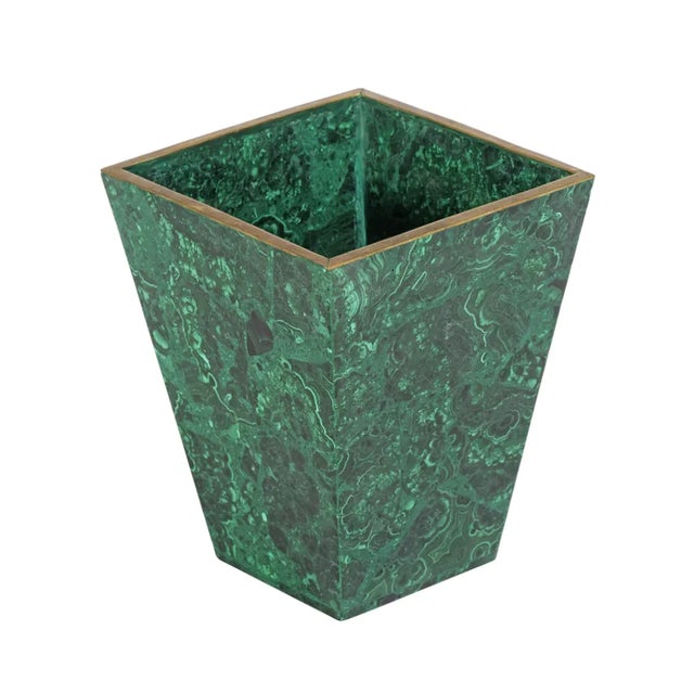 Beautiful inlaid malachite cachepot. Dimensions: H 6.5" x W 5.5" (top) x 3" (base) Origin: France Circa: 1960s