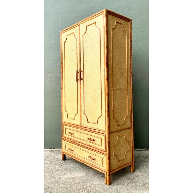 Late 20th Century Vintage Notched Bamboo and Rattan Armoire For Sale - Image 5 of 12
