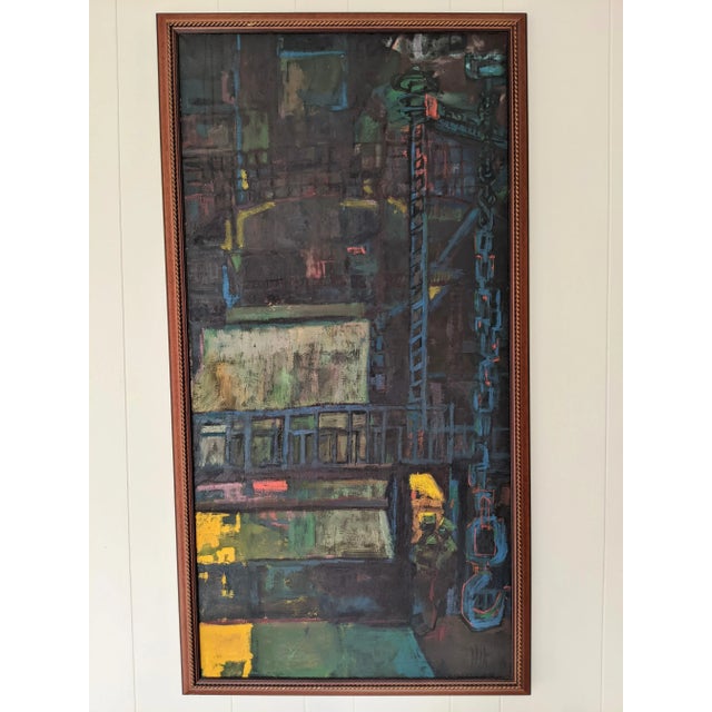 Vintage Modernist Brutalist Construction Scaffolding Architectural Building Oil Painting Framed For Sale - Image 10 of 12