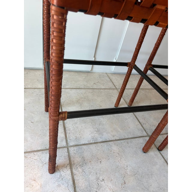 Animal Skin Vintage Woven Saddle Leather Bar Stools - A Pair For Sale - Image 7 of 13