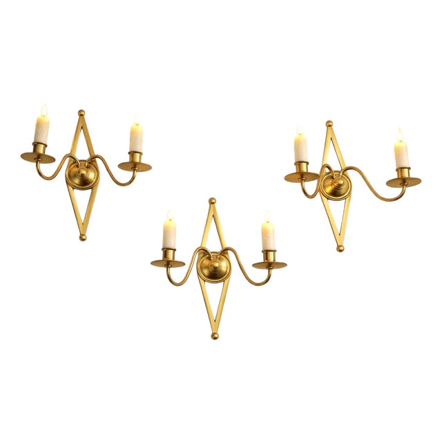 Vintage Polished Brass Wall Sconces by Maison Baguès, 1950s, Set of 3 For Sale